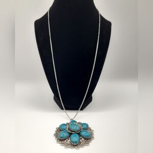 Turquoise Statement Pendant Necklace Silver Tone Long Chain Floral Medallion